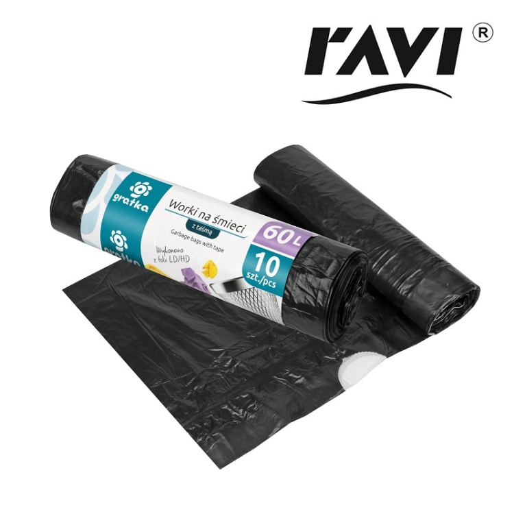 RAVI Worki Na Śmieci z Taśmą Gratka 60L 10szt